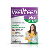 Front of Wellteen Her Plus box with details about mental performance and brain function.
