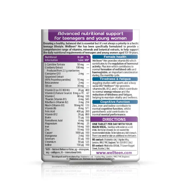 Wellteen Her back label with nutritional information, ingredients, and usage directions.
