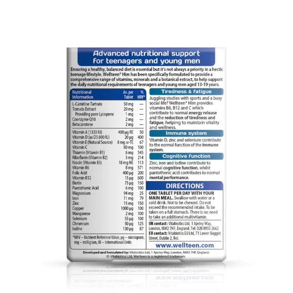Wellteen Him back box showing nutritional information and usage directions