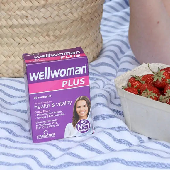 Vitabiotics Wellwoman Plus Omega 3.6.9 - 56 Tablets Placing with the strawberries