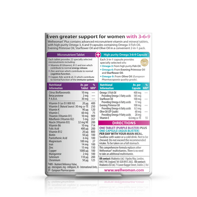 vitabiotics wellwoman plus omega 369 56 tablets Wellwoman Plus Back Of Pack