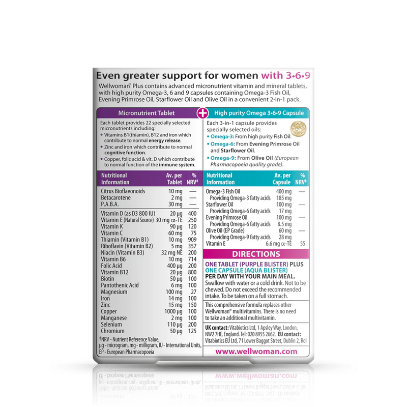 vitabiotics wellwoman plus omega 369 56 tablets Wellwoman Plus Back Of Pack