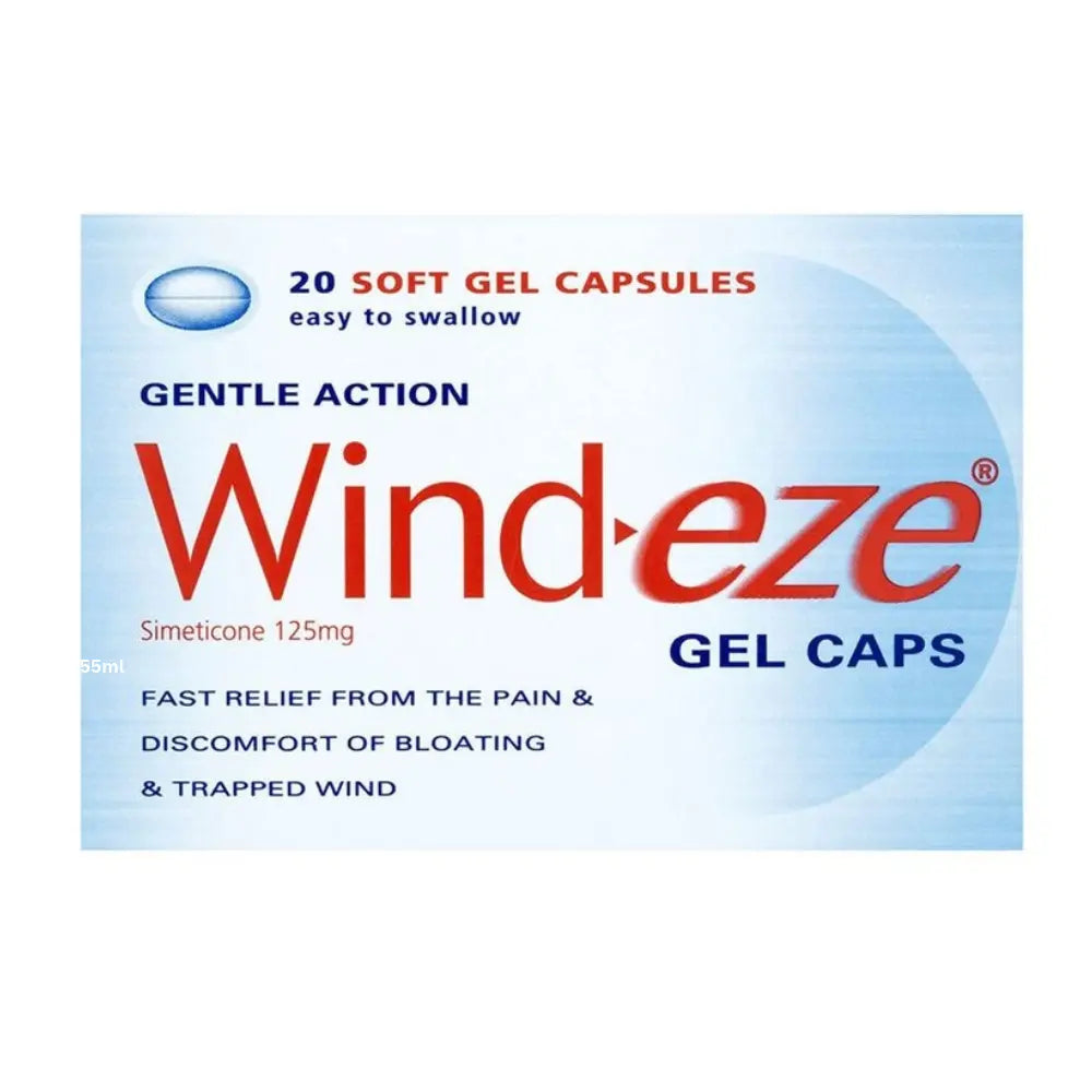 Front of a Wind-eze gel caps box showing 20 soft gel capsules, gentle action, simeticone 125mg, on a white background.