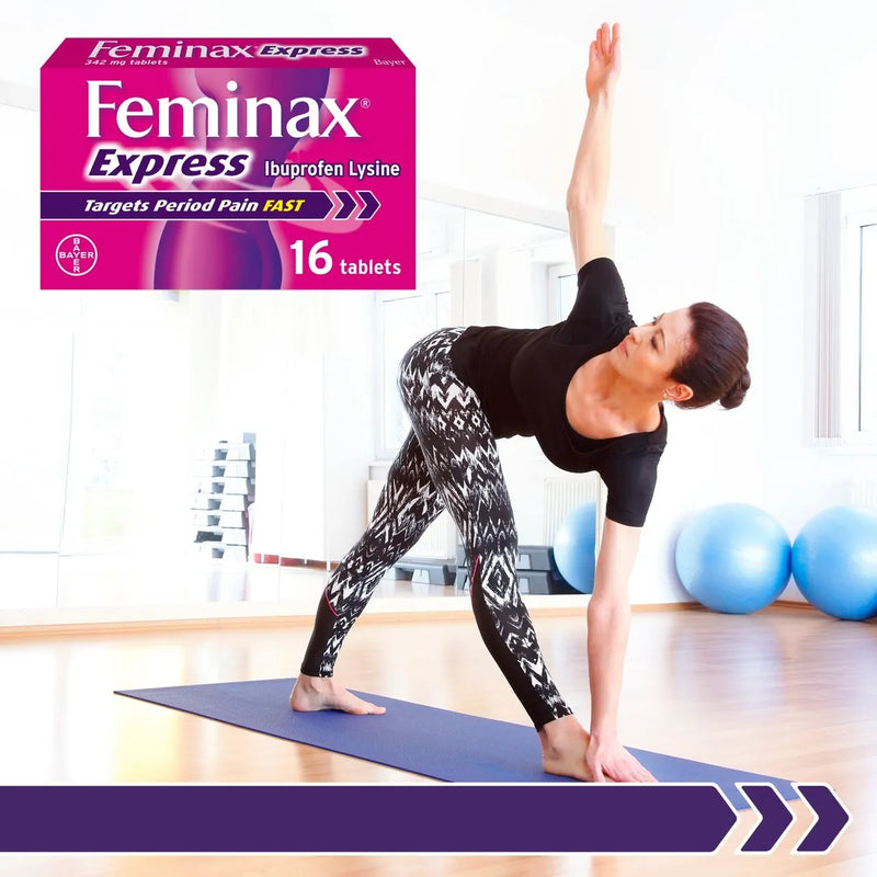 Woman exercising on a mat with a Feminax Express product box in the background