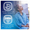 Woman sitting on a couch with text about paracetamol on an empty stomach and 24-hour elimination.