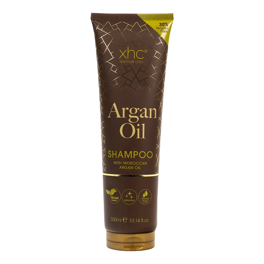 Tube of XHC Argan Oil Shampoo with Moroccan Argan Oil 300ml on a white background