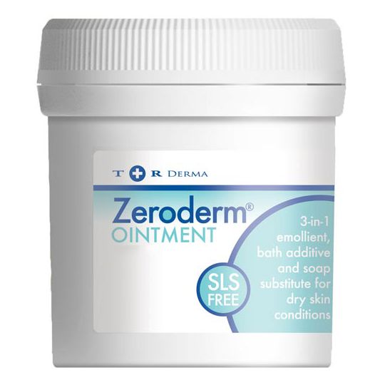 Jar of Zeroderm ointment with T&R Derma branding on a white background