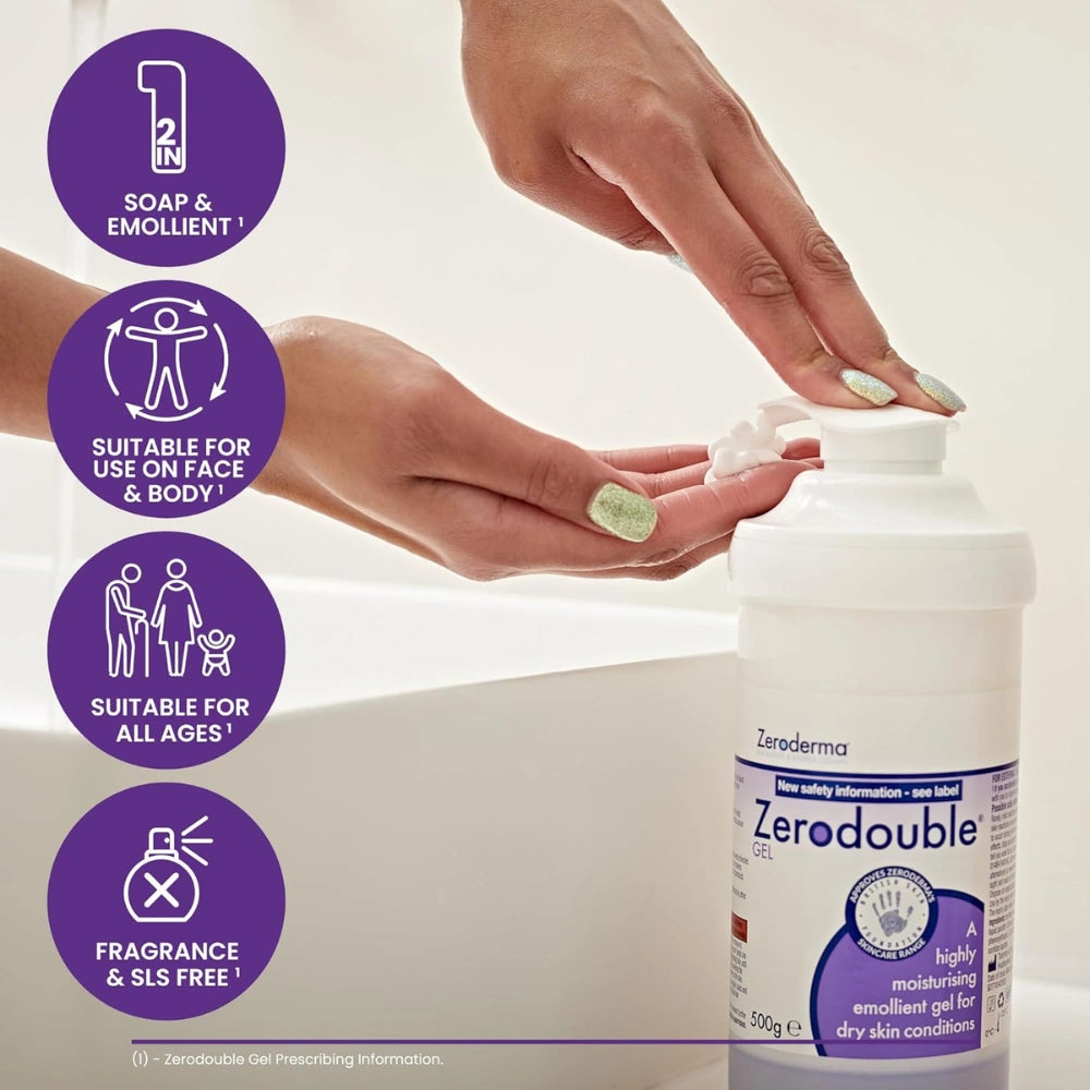 Zerodouble gel 500g being applied to hands with product details on a white background