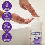 Zerodouble gel 500g being applied to hands with product details on a white background
