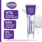 Zerodouble gel 100g tube with Psoriasis Association branding and customer feedback statistics on a white background.