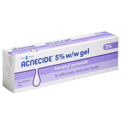Acnecide 5% 30gram w/w gel packaging on a white background