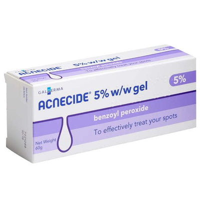 Acnecide 5% 60gram w/w gel packaging on a white background