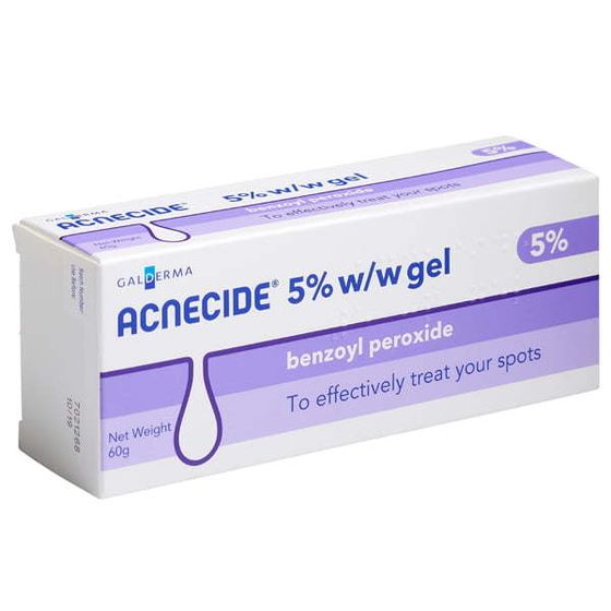 Acnecide 5% 60gram w/w gel packaging on a white background
