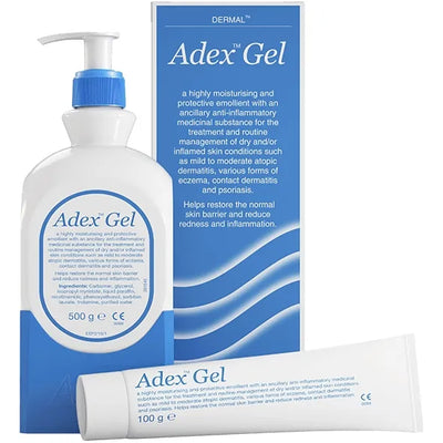 Adex Gel packaging including bottle, box, and tube on a white background