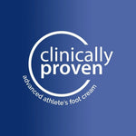A blue background with white text "clinically proven advanced athlete's foot cream".