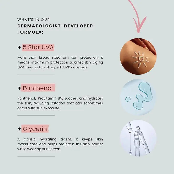 altruist sunscreen 30​ Product description with ingredients and benefits on a light gray background