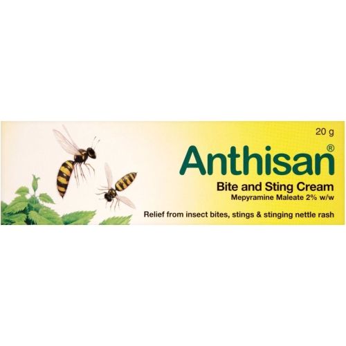 Anthisan bite and sting cream packaging with images of insects on a white background