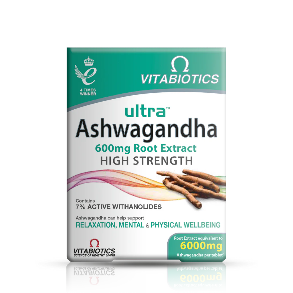 Ultra Ashwagandha 600mg Root Extract tablets for relaxation, mental and physical wellbeing, with 7% active withanolides.