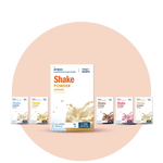 Aymes Shake Powder packages on a peach background