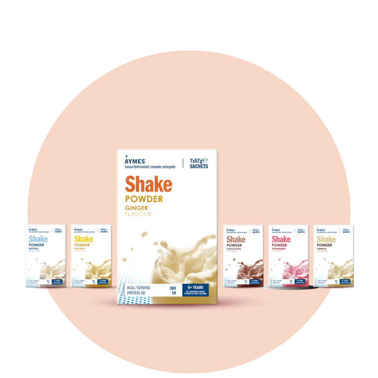 Aymes Shake Powder packages on a peach background