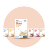 Aymes Shake Powder packages on a peach background