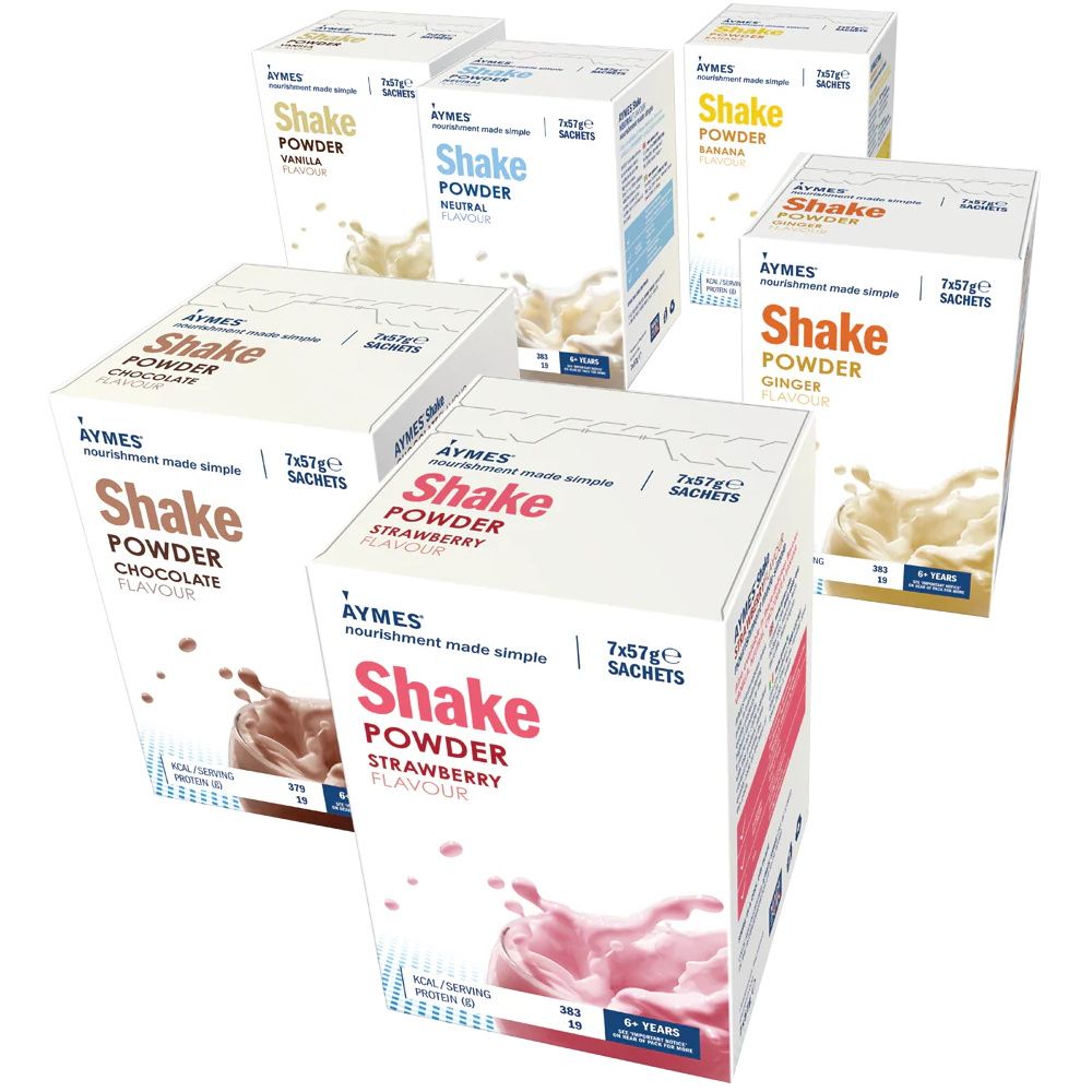 Aymes shake powder boxes in various flavors on a white background
