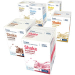 Aymes shake powder boxes in various flavors on a white background