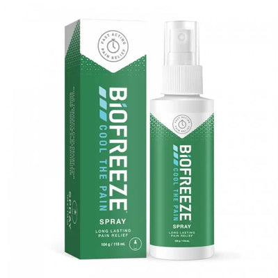 Biofreeze spray bottle and packaging on a white background