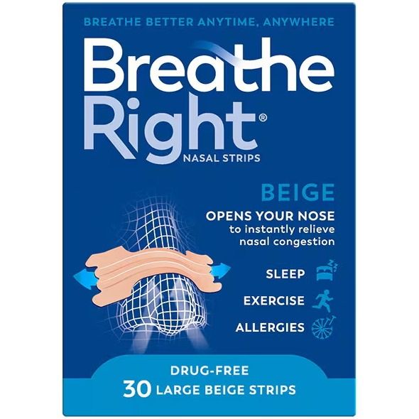 Breathe Right nasal 30 large strips packaging with blue background and beige strips illustration.