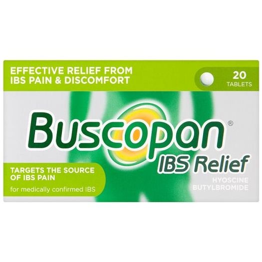 Box of buscopan ibs relief 20 tablets​ with green and white design