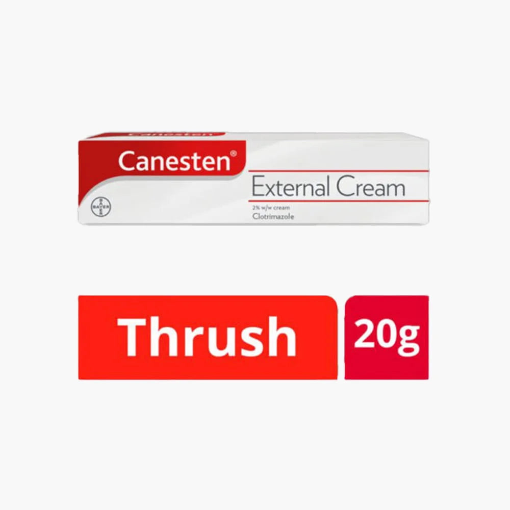 Red circular badge with "No.1 Thrush Brand" and an icon of cream tube and applicator.
