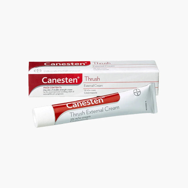Canesten Thrush External Cream 20g box with Clotrimazole 2% w/w for external use.