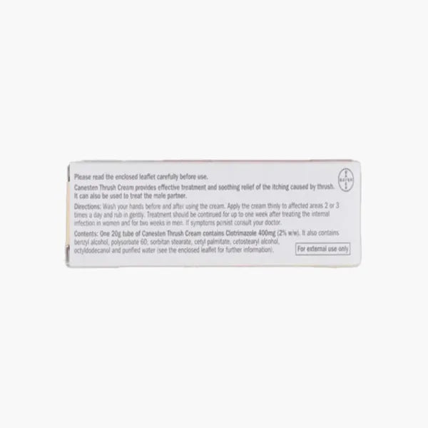 Canesten Thrush Cream 20g box back with directions, ingredients, and external use warning.