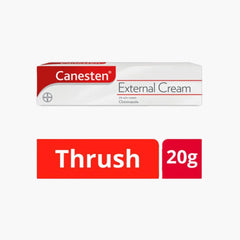 Red circular badge with "No.1 Thrush Brand" and an icon of cream tube and applicator.