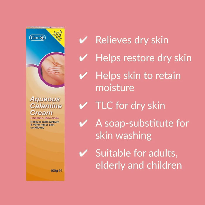 Aqueous Calamine Cream packaging with benefits listed on a pink background