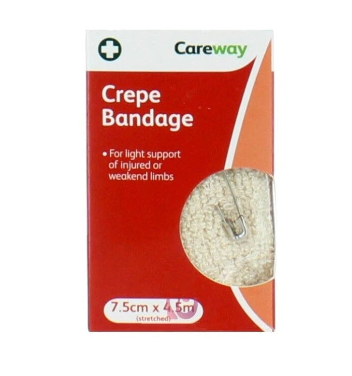Front view of Careway Crepe Bandage 7.5cm roll for injury support, ideal for sprains and strains.