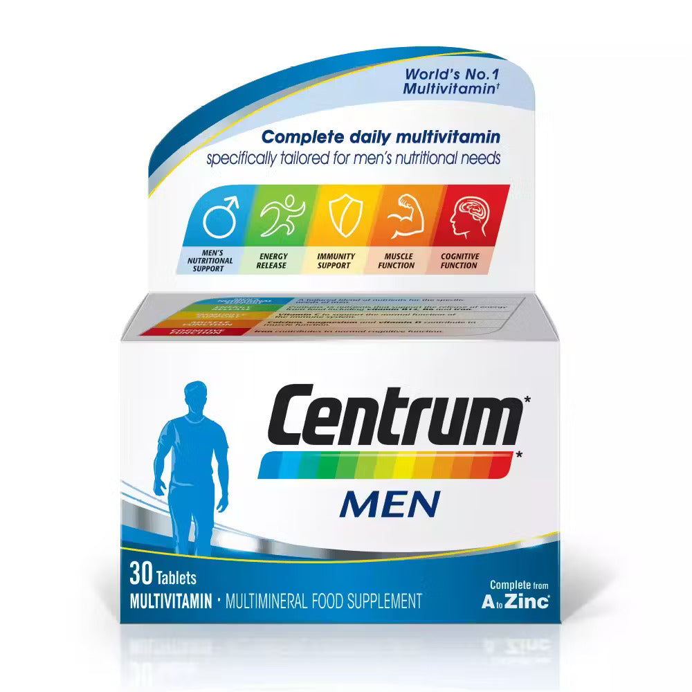 Bottle of Centrum Advance Men multivitamins against a clean, white background, symbolizing pure and targeted nutrition for men.