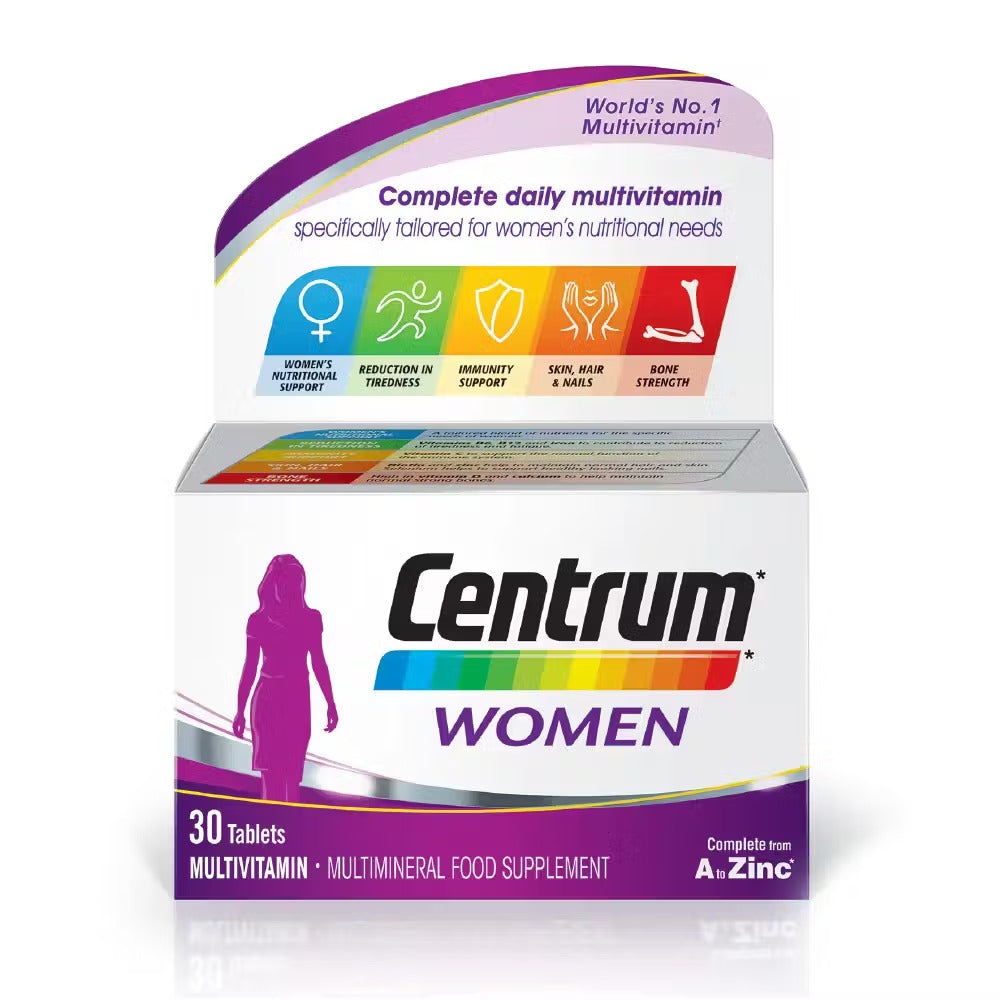 A bottle of Centrum Advance Women multivitamins on a bright background, highlighting the health benefits for active women.