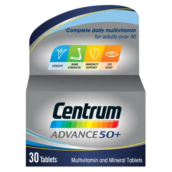 Centrum Advance 50+ 30 tablets multivitamin for seniors, promoting vitality, bone strength, immunity.