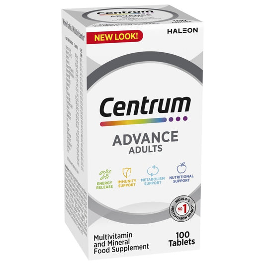 Centrum Advance (100 Tablets)—a complete multivitamin with essential nutrients. Boost energy, support immunity, and nourish your skin. Get yours today!