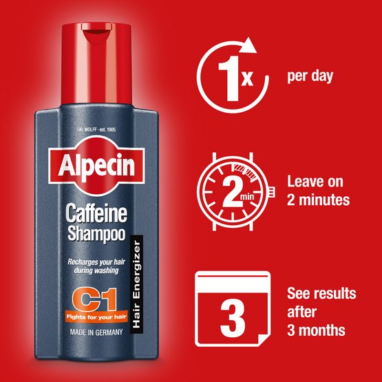 Alpecin Caffeine Shampoo C1 250ml bottle with usage instructions on a red background