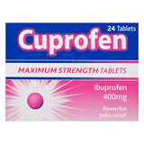 Cuprofen Maximum Strength Tablets 400mg box packaging, featuring a blue and pink design with white text indicating 24 tablets.