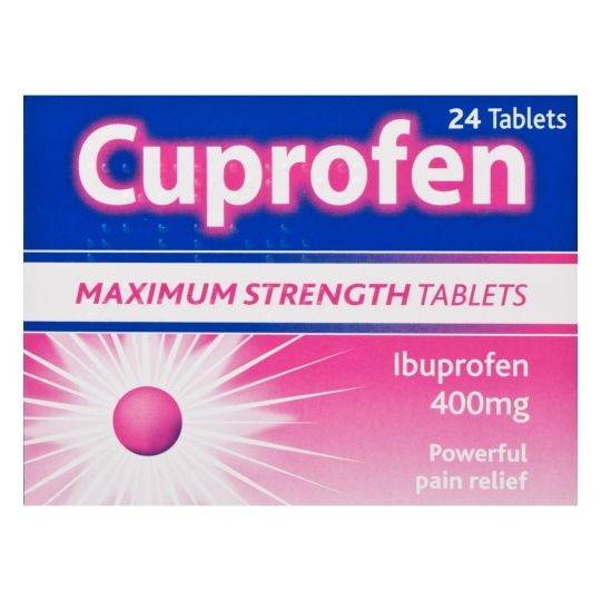Cuprofen Maximum Strength Tablets 400mg box packaging, featuring a blue and pink design with white text indicating 24 tablets.
