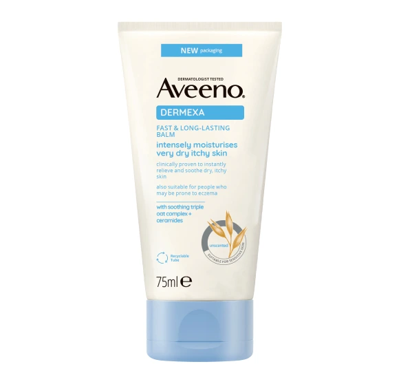 Aveeno Dermexa Fast & Long-Lasting Balm with packaging in 75ml for dry itchy skin.