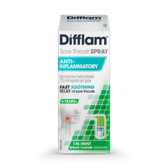 Front of Difflam Sore Throat Spray box, anti-inflammatory, mint flavour, 176 sprays.