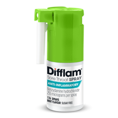 Difflam Sore Throat Spray bottle with green cap, mint flavour, 176 sprays.
