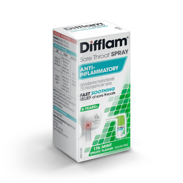 Side view of Difflam Sore Throat Spray box showing label and 176 mint sprays info.