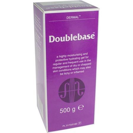 Purple packaging of Doublebase gel with text on a white background