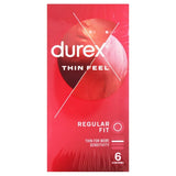 Durex Thin Feel Regular Fit condoms packaging with 6 condoms for enhanced sensitivity.