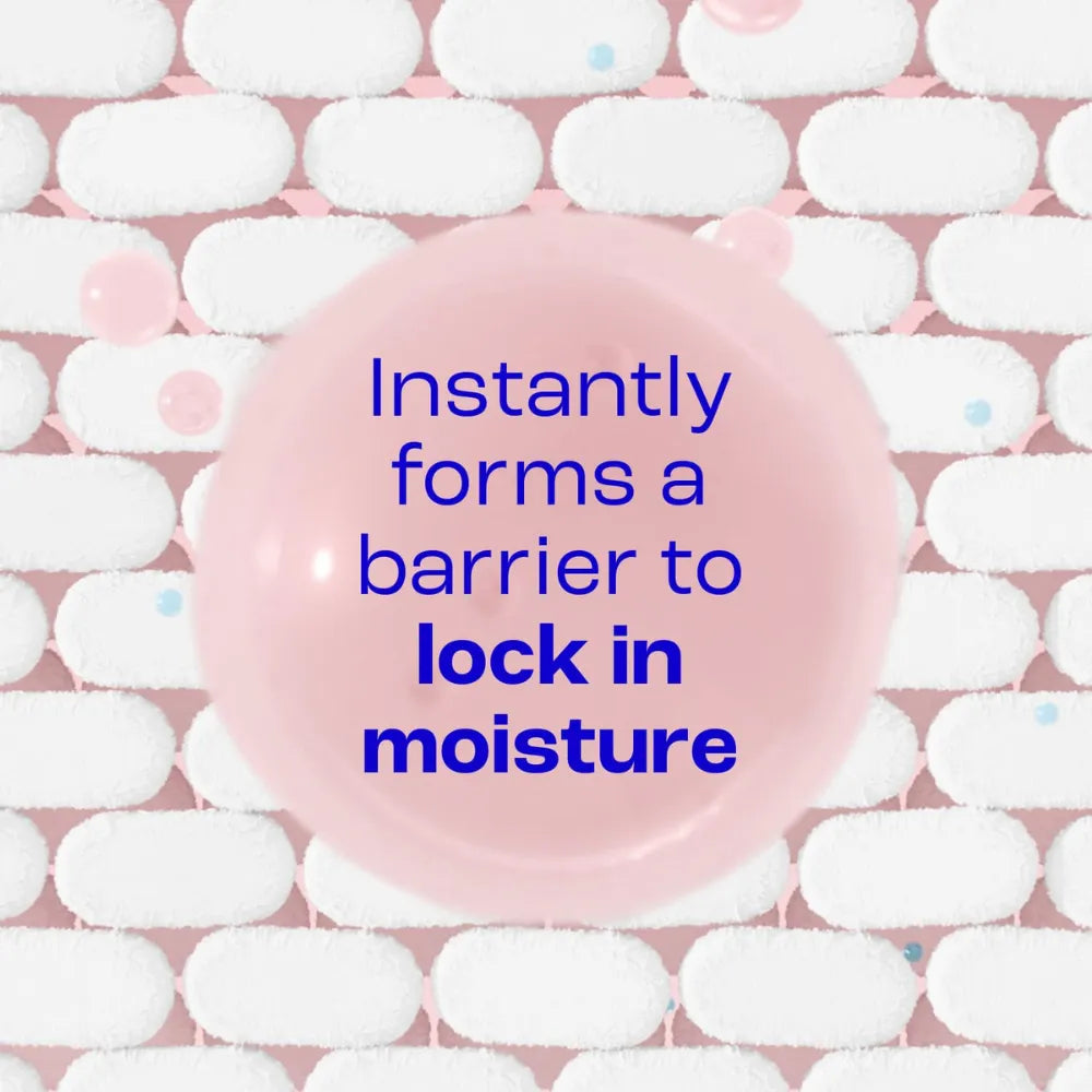 Pink soap bar with text 'Instantly forms a barrier to lock in moisture' on a white and pink background
